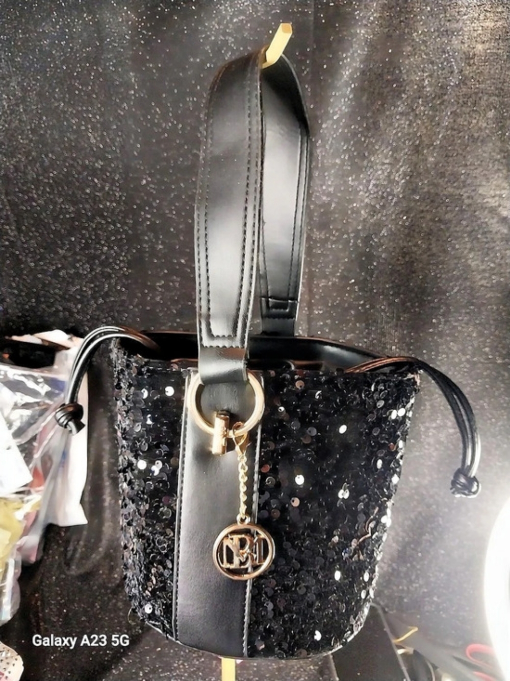 Badgley Mischka Black Sequin Bucket Bag NEW